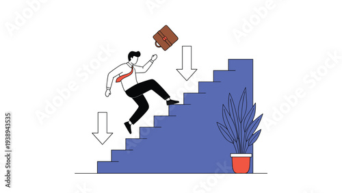 Clumsy businessman falling down the stairs with his briefcase flying in the air, representing a career failure or workplace accident.