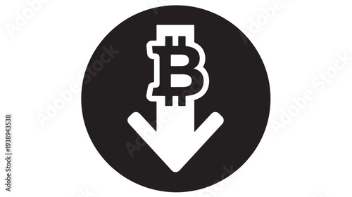 Bitcoin symbol with downward arrow in a black circle signifying financial loss or negative cryptocurrency value change.