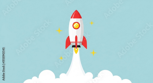 Rocket ship launching into the sky with clouds and stars