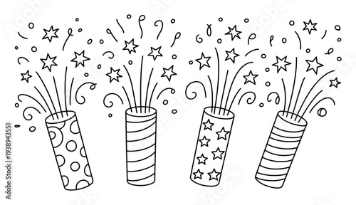 Festive Celebration: Four Party Poppers Exploding with Stars and Confetti