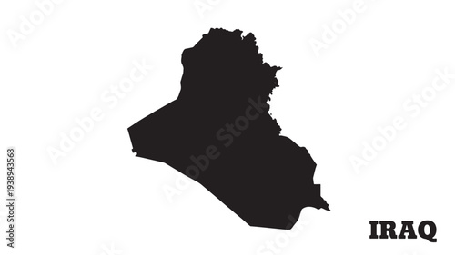 Silhouette map of Iraq country in black isolated on a white background with the text 'IRAQ' in bold black letters.
