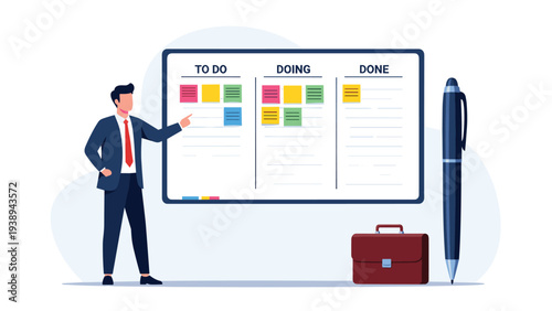 Professional manager pointing at a Kanban board with colorful notes to manage to do, doing, and done tasks for a project.