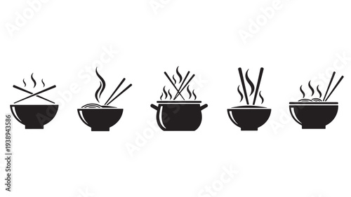 Noodle bowls and a pot with steam and chopsticks icons represent delicious Asian cuisine and culinary preparation.