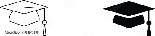 Graduation cap outline and solid black icon comparison academic education