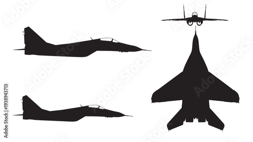 Jet fighter silhouette set with side, front, and top views for aviation and military illustration purposes.