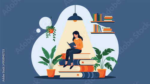 Young student sitting on a large stack of books reading under a cozy lamp light in a quiet and peaceful library setting.