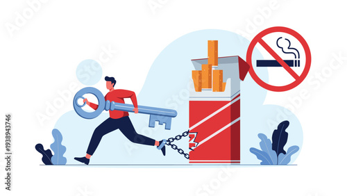 Man running away with a giant key while still being chained to a massive pack of cigarettes, representing the struggle to quit.