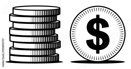 Stack of Coins and a Dollar Coin with Dollar Sign