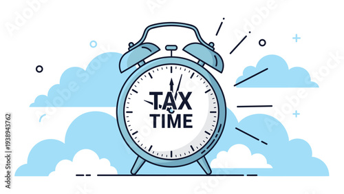 Blue alarm clock with the text tax time on its face, set against a blue sky with clouds to represent upcoming financial deadlines.