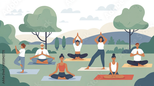 People practicing yoga in a serene outdoor setting with trees and hills