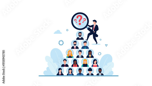 Recruitment manager using a giant magnifying glass to examine a pyramid of candidate profiles to find the best talent for a job.