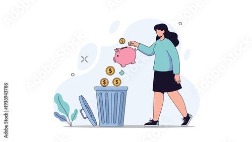 Woman throwing her pink piggy bank and golden coins into a trash can, symbolizing poor financial management or money loss.