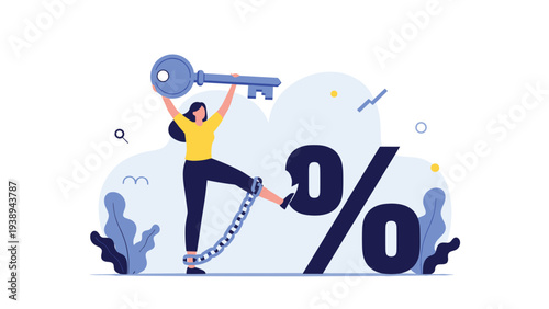 Determined woman holding a giant key and breaking the chain attached to her foot and a large percentage symbol, representing freedom.