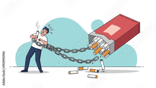 Addicted man chained to a giant pack of cigarettes, smoking while looking worried about his health and inability to quit the habit.