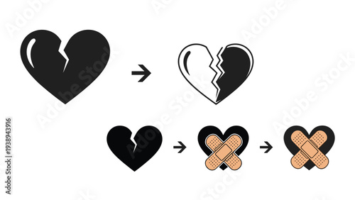 Set of broken heart icons showing a progression towards repair and healing with medical bandages, representing emotional recovery.