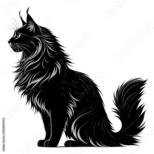 Majestic Maine Coon Cat Silhouette with Long Fur and Lion Mane Isolated on White Background