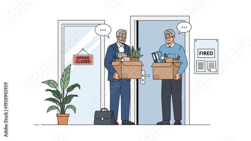 Two middle-aged businessmen carrying personal belongings in cardboard boxes after being fired from a closed office during an economic crisis.