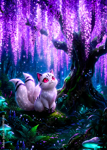 a white cat sitting on a mossy rock in a forest with purple flowers and a tree trunk with a dreamy a