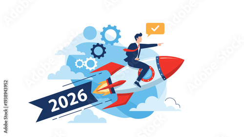 Visionary businessman riding a fast rocket labeled twenty twenty-six towards future success and technological growth in the upcoming year.