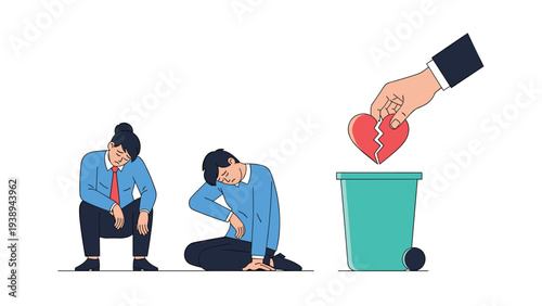 Sad man and woman sitting on the ground while a giant hand throws a broken heart into a trash can symbolizing heartbreak and rejection.