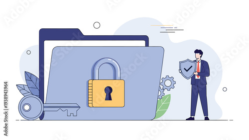 Professional businessman holding defensive shield next to a large secured file folder representing data protection and cybersecurity.