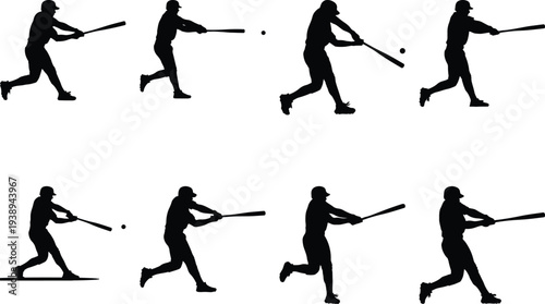 Sequence of a baseball player's swing, illustrating the progression of movement from preparation to follow-through, perfect for sports animation.