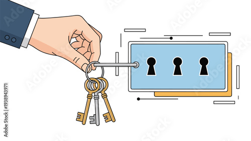 Hand holding a set of keys about to unlock one of three keyholes on a blue panel representing access and security solutions.