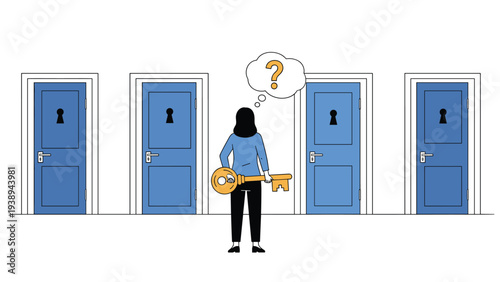 Woman holding a giant golden key while standing in front of four locked blue doors trying to decide which one leads to success.