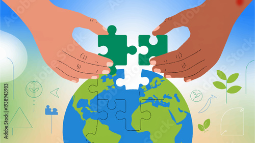 Two hands putting together a green puzzle piece on a globe with a blue and green background