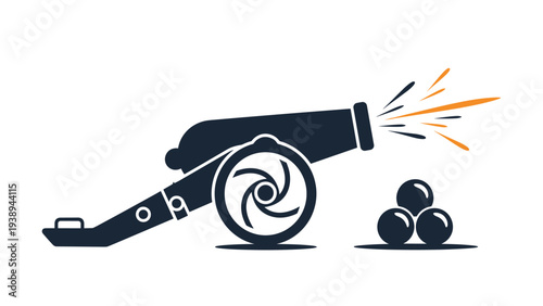 Black silhouette of an old cannon firing sparks and cannonballs representing power and aggressive business marketing strategies.
