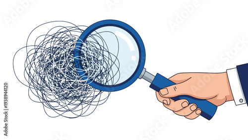Hand holding a magnifying glass over a chaotic mess of tangled lines to find clarity and solve complex problems in business.