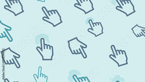 Seamless pattern featuring multiple hand cursors clicking on a light blue background representing digital interaction and web navigation.