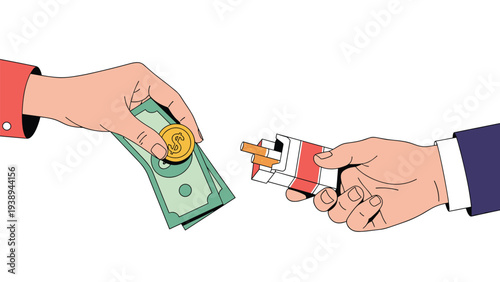 Two hands exchanging paper money and a gold coin for a pack of cigarettes representing the commercial sale of tobacco products.