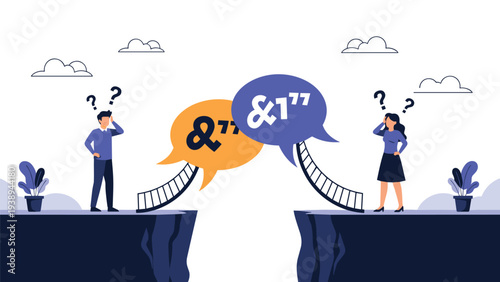 Man and woman standing on separate cliffs trying to communicate through complex speech bubbles with ladders representing a gap.