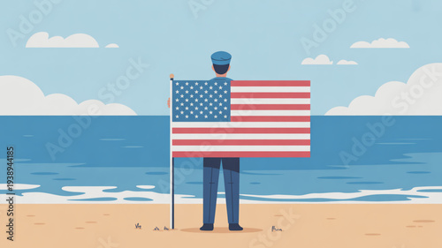 Man in blue uniform holding american flag on sandy beach with ocean and cloudy sky background symbolizing patriotism and freedom