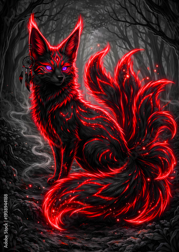 a red fox with glowing eyes and a long tail in a dark forest with trees and smoke animal mammal fox