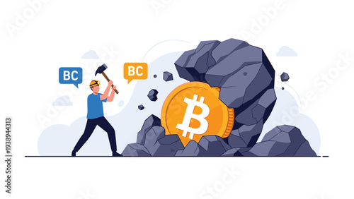 Determined crypto miner wearing a hard hat and using a pickaxe to mine a giant golden bitcoin from a pile of rocks.