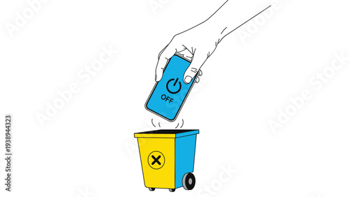 Hand throwing a blue smartphone with an off button on the screen into a yellow and blue trash can representing digital detox and recycling.
