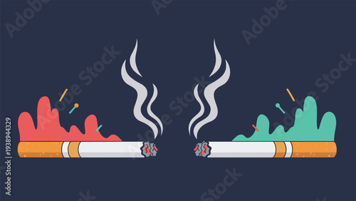 Two burning cigarettes with smoke patterns and colorful artistic blobs representing the diverse chemicals and effects of tobacco use.