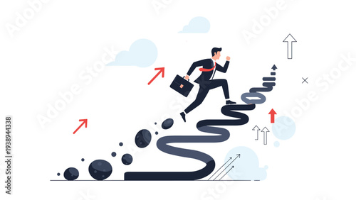Driven businessman in a suit running up a steep winding path made of road to achieve higher goals and career advancement.