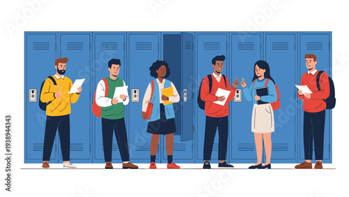Diverse group of college students carrying books and papers standing in front of a row of blue school lockers in a hallway.