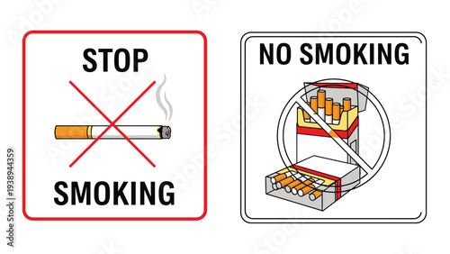 Two different styles of no smoking signs featuring a crossed-out cigarette and a pack of cigarettes to prohibit tobacco use in public.