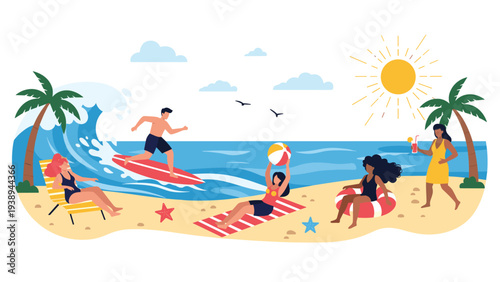 Group of diverse people enjoying summer vacation activities at a sunny beach with palm trees and ocean waves.