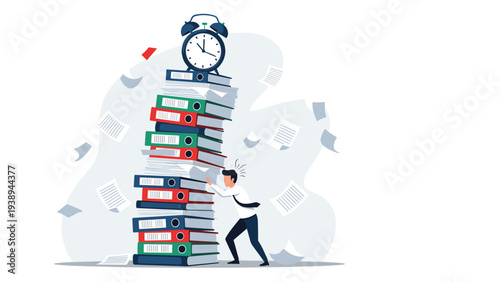 Stressed businessman trying to hold up a giant stack of office folders under intense pressure of a looming deadline.