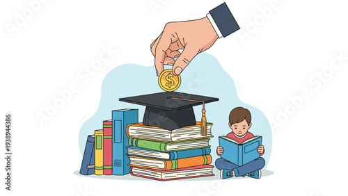 Saving for education concept with person putting money into a graduation cap on top of a pile of books for a child.