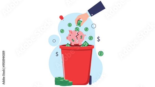Financial loss and bad investment concept showing hand throwing broken piggy bank into a red trash bin on blue.