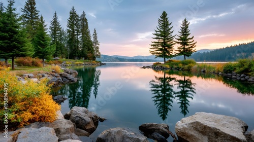 Coeur d'Alene lake reflecting pine trees and Idaho sunrise