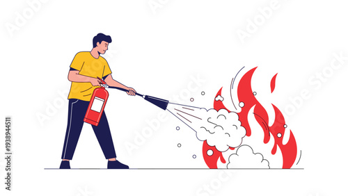 Brave man using a fire extinguisher to put out a dangerous fire representing crisis management and safety at work.