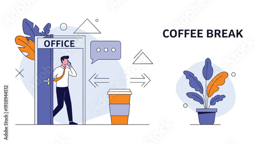 Office employee leaving for a coffee break walking through a door toward a large takeout cup and green plants.