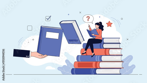 Student sitting on stack of books reading while receiving more educational material from a helping hand for study.